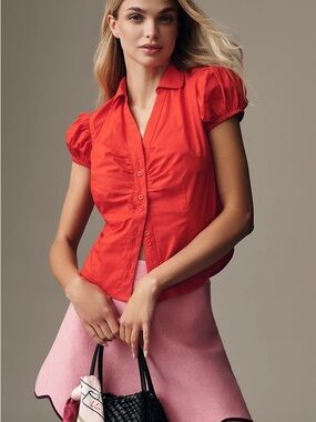 Maeve Bright Red Puff-Sleeve Button-Down Shirt
